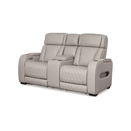 Leather Match Power Reclining Loveseat w/ Console & Adj Headrests