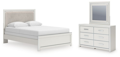 Queen Upholstered Panel Bed, Dresser And Mirror