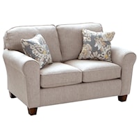 Customizable Transitional Loveseat with Rolled arms and Tapered Block Legs