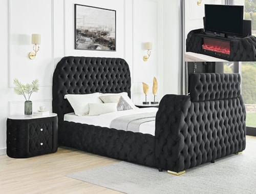 Glam Tufted King Bed with Fireplace Footboard