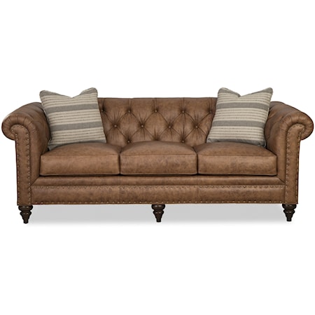 Traditional 88 Inch Leather Chesterfield Sofa with Pillows