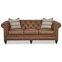 Traditional 88 Inch Leather Chesterfield Sofa with Pillows