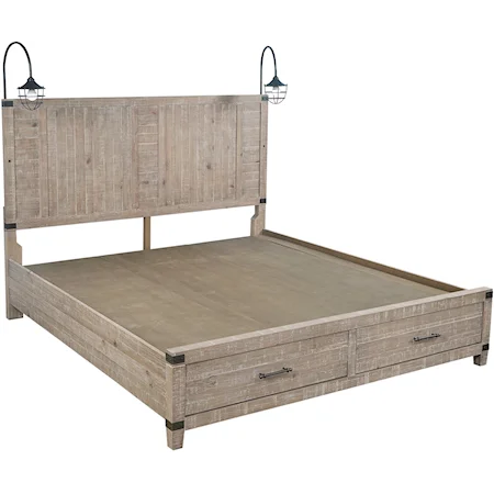 Rustic Farmhouse Queen Storage Panel Bed with Dual Touch Lighting