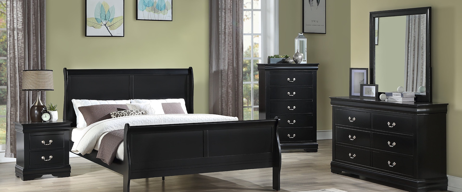 Louis Philip Transitional Black 5-Piece Bedroom Set - Queen