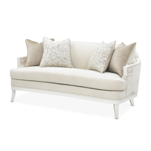 Glam Upholstered Greek-Key Arm Loveseat with Accent Pillows