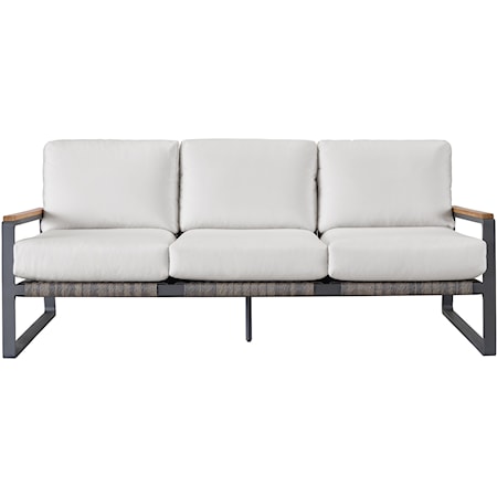 Transitional Outdoor Living Sofa with Exposed Wood Armrests