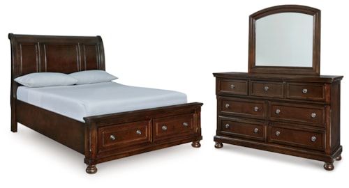 Queen Sleigh Storage Bed, Dresser And Mirror