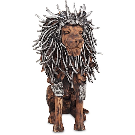 Wood Crafted Sitting Lion Sculpture