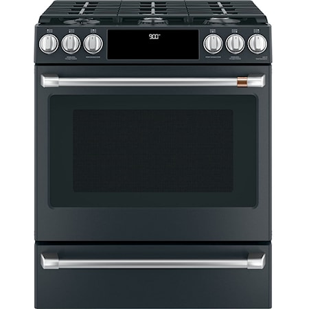 Café™ 30" Slide-In Front Control Dual-Fuel Convection Range with Warming Drawer