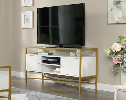 Cotemporary Glass-Top TV Credenza with Concealed Storage