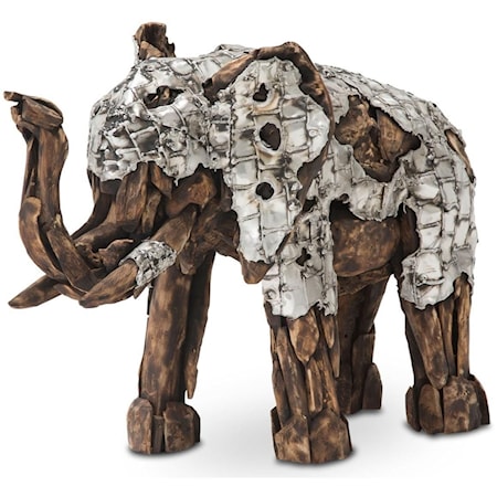 Wood Crafted Elephant Sculpture with Aluminum Accents