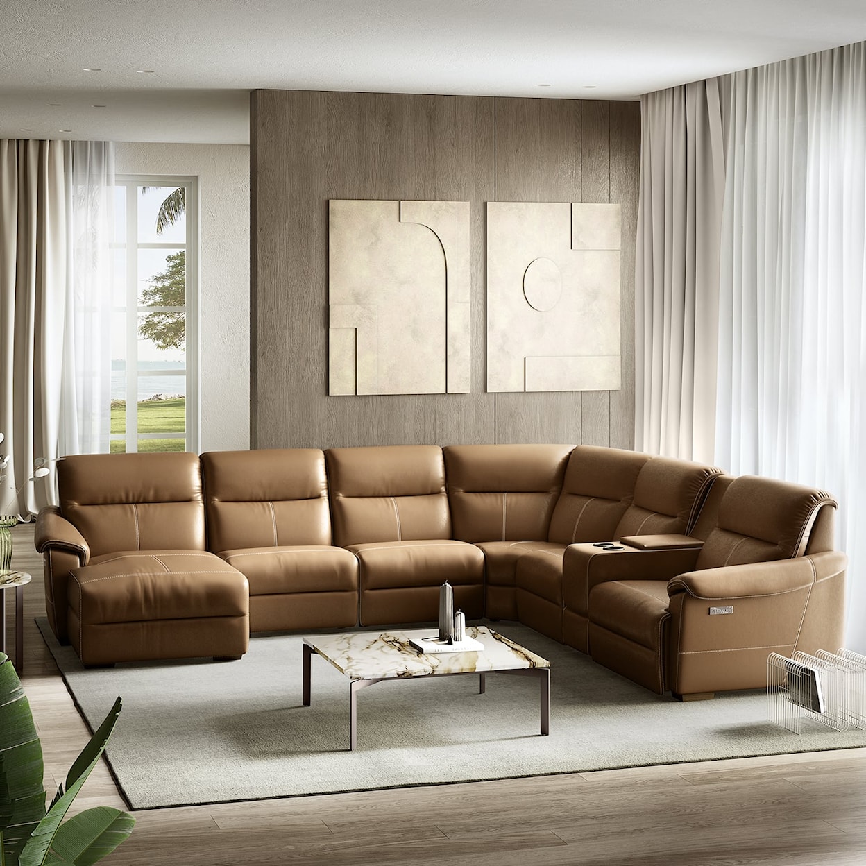 Natuzzi Editions 100% Italian Leather L-Shaped Sectional with Console