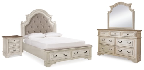 Queen Upholstery Panel Bed, Dresser, Mirror And Nightstand