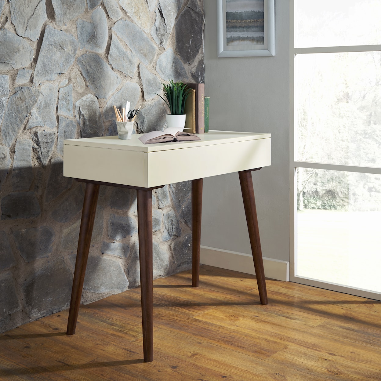 Accentrics Home Accents Mid-Century Modern Mini Desk in Off White