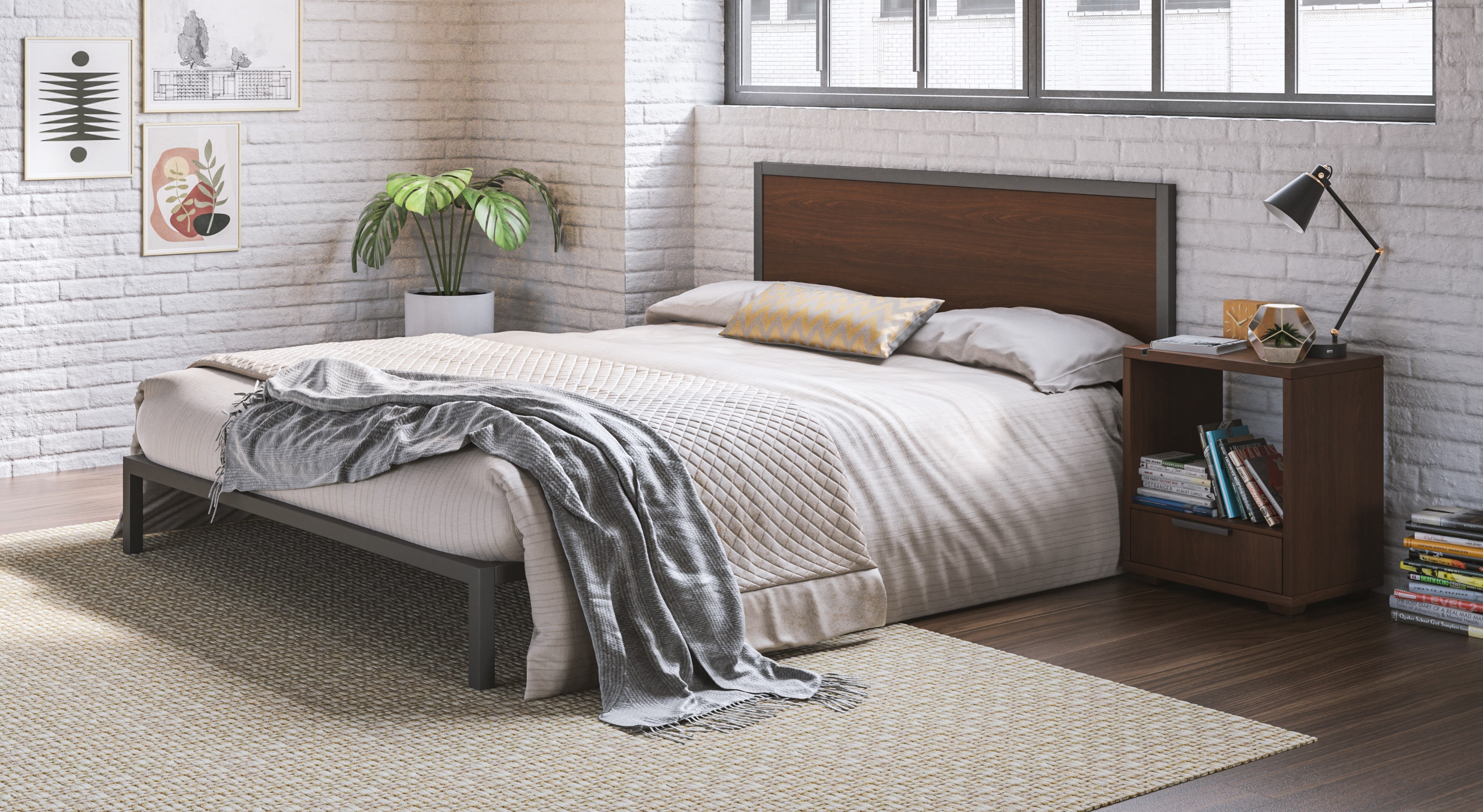Contemporary Queen Platform Bed with Nightstand