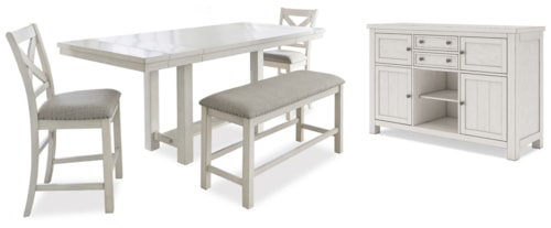 Counter Height Dining Table, 2 Barstools, Bench And Server