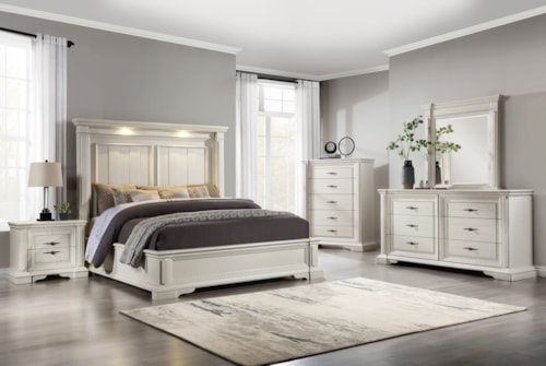 Evelyn 5-Piece Eastern King Bedroom Set With Headboard Lighting Antique White