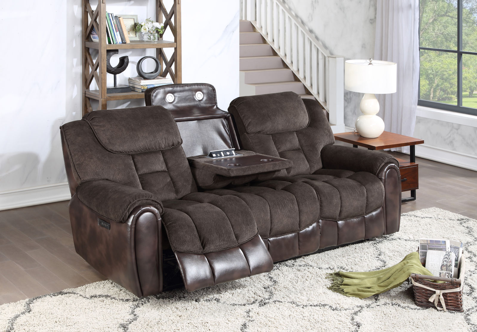 Steve Silver Apollo AP70039SE Transitional Power Reclining Sofa with Drop Down Table Furniture and More Reclining Sofa