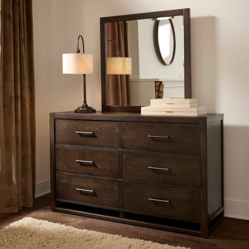 Transitional 6-Drawer Dresser with Landscape Mirror