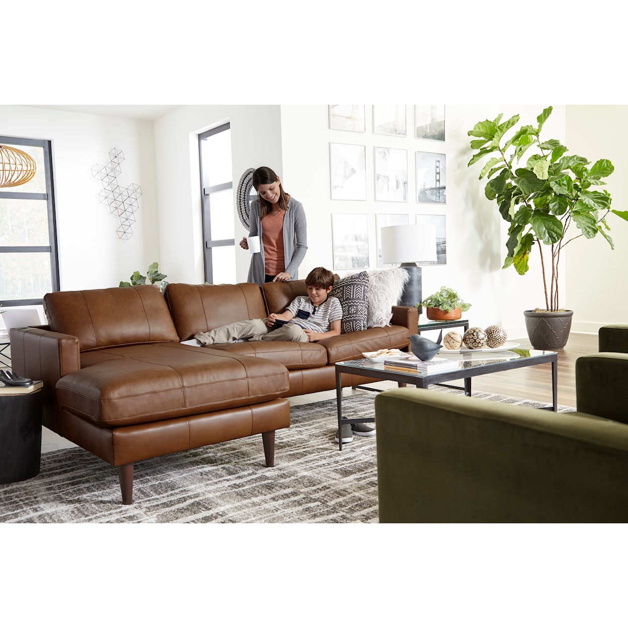 Bravo Furniture Trafton Leather Chaise Sofa w/ USB Port & Wood Feet