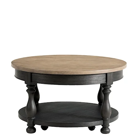 Transitional Round Cocktail Table with Open Bottom Shelf