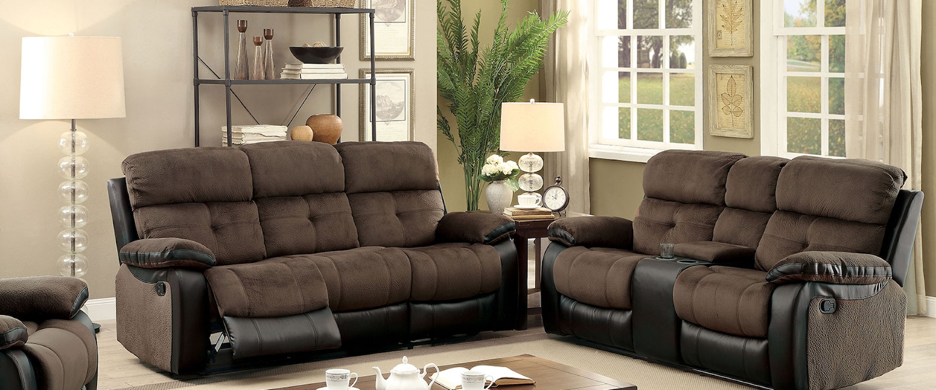 Transitional Reclining Sofa and Loveseat Set with Reclining Chair