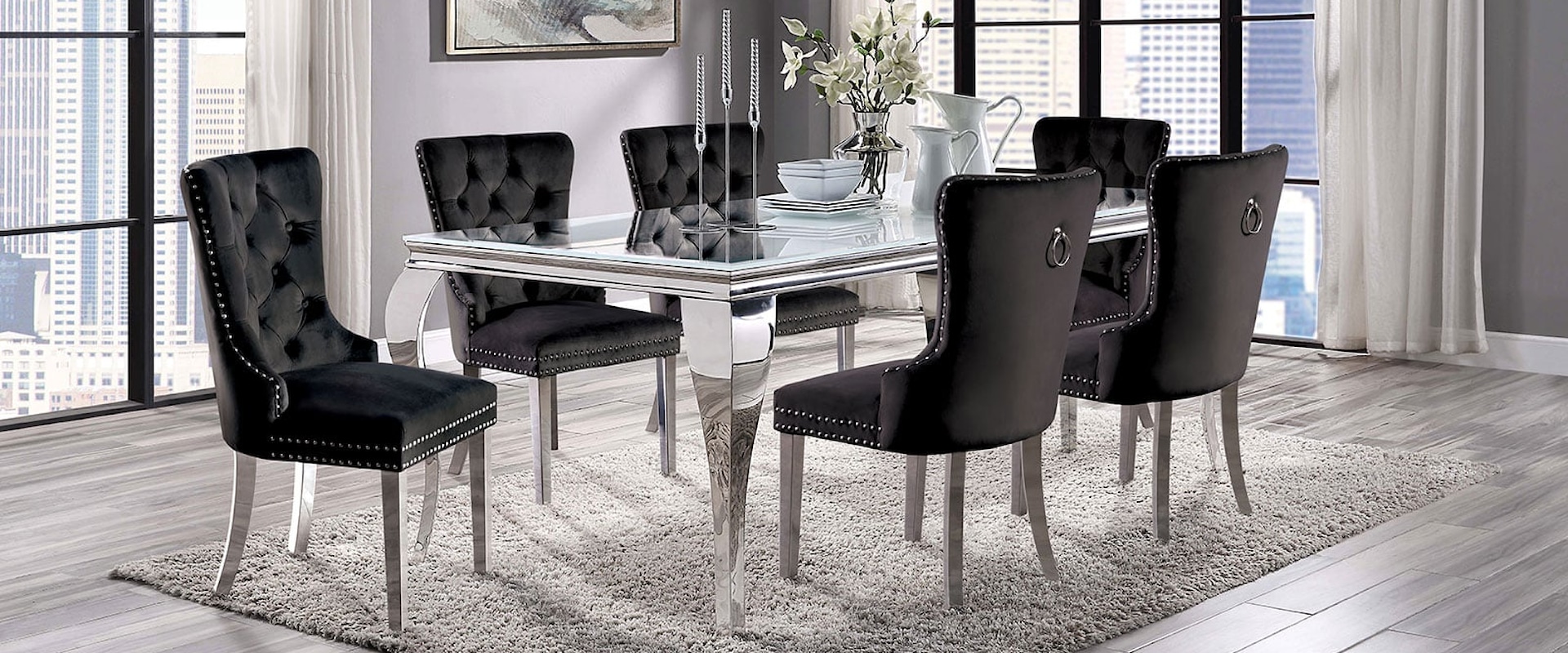 Glam 7-Piece Dining Set with Black Upholstered Chairs
