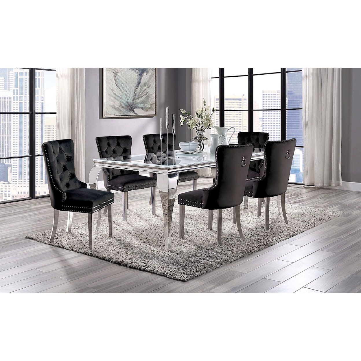 Furniture of America Neuveville 7-Piece Dining Set with Black Chairs