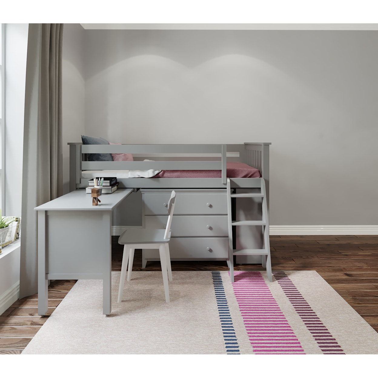 Jackpot Kids Loft Beds Twin Low Loft Bed Set w/Pull Desk In Gray
