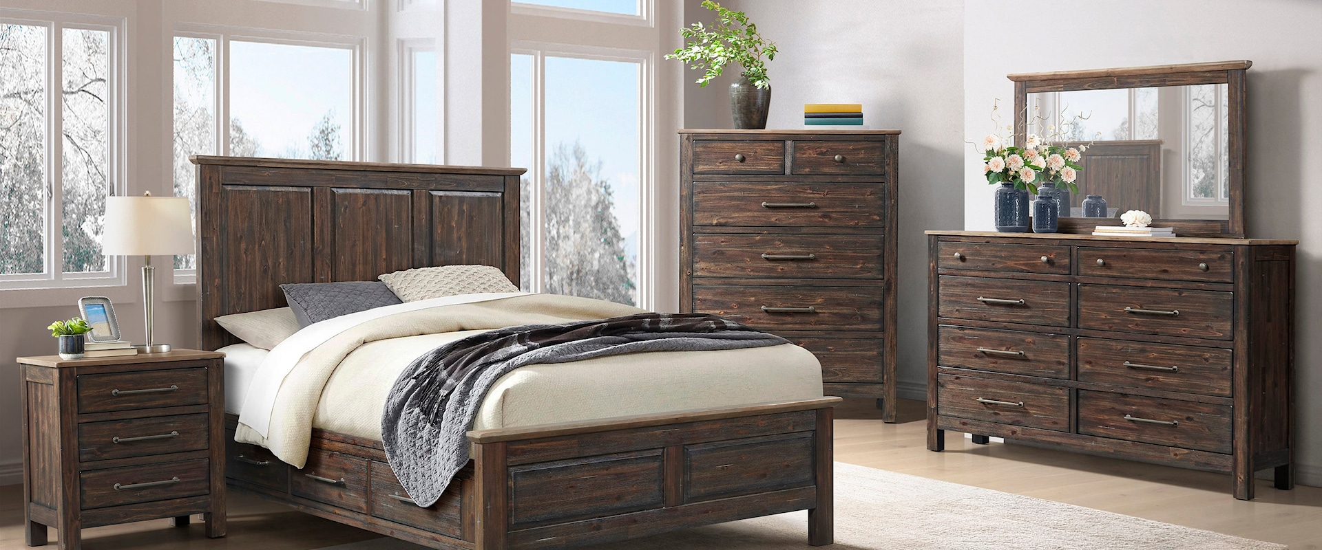 Transitional Five-Piece Queen Storage Bedroom Set