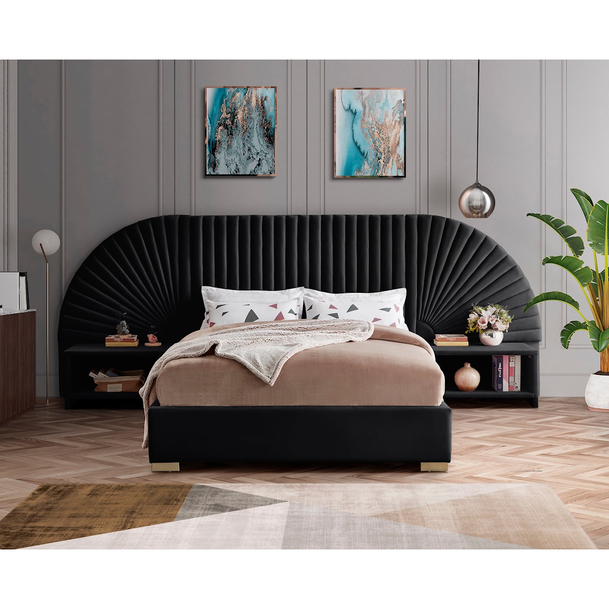 Meridian Furniture Cleo 3-Piece Black Velvet Queen Bedroom Set