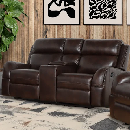 Casual Dual Reclining Leather Loveseat with Console