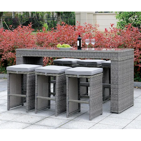 Contemporary Gray Wicker Bar Height Patio Table with Glass Top