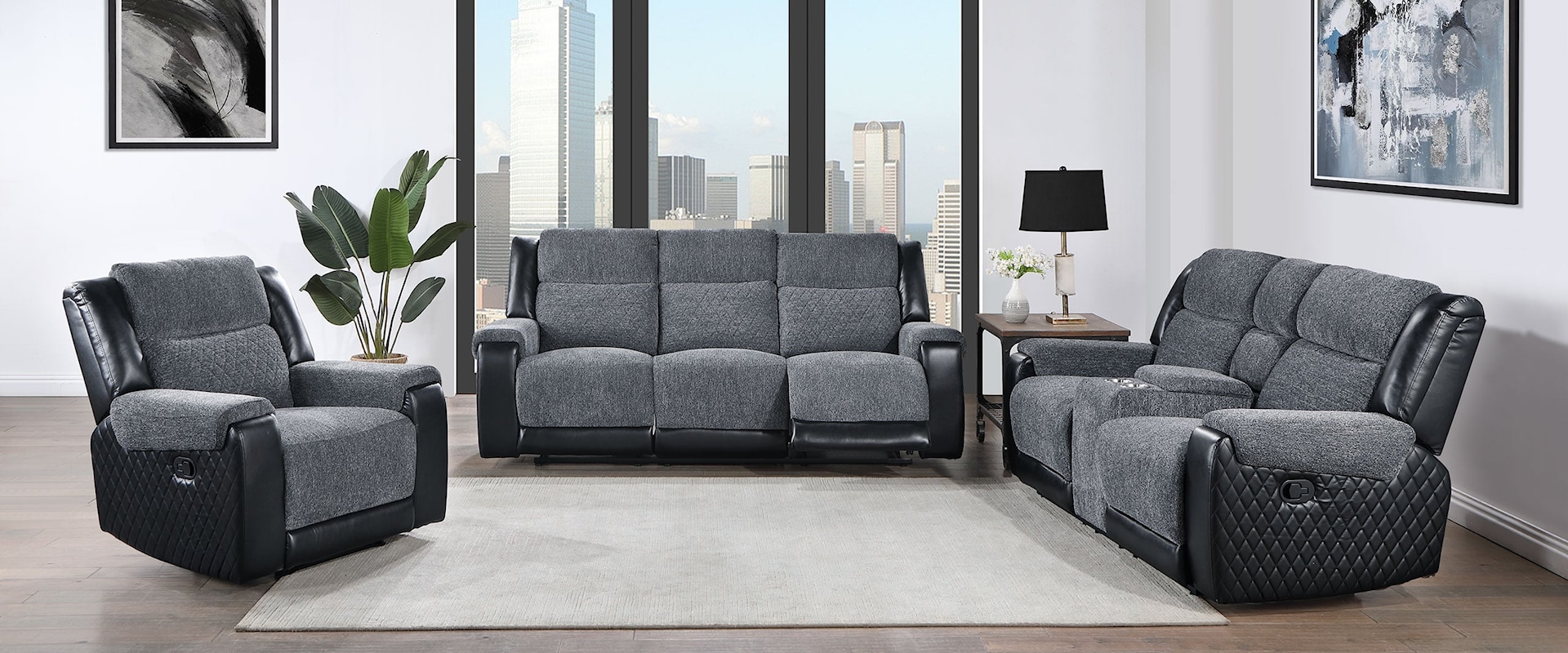 Transitional Reclining Sofa, Loveseat with Console and Recliner Set
