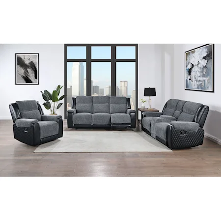 Transitional Reclining Sofa, Loveseat with Console and Recliner Set