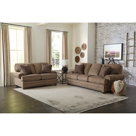 Traditional 2-Piece Living Room Set with Rolled Arms and Nailhead Trimming