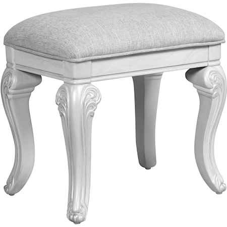 Traditional Upholstered Rectangular Vanity Stool with Ornate Detailing