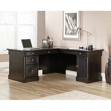 Traditional L-Shaped Office Desk with Drop-Front Keyboard Drawer