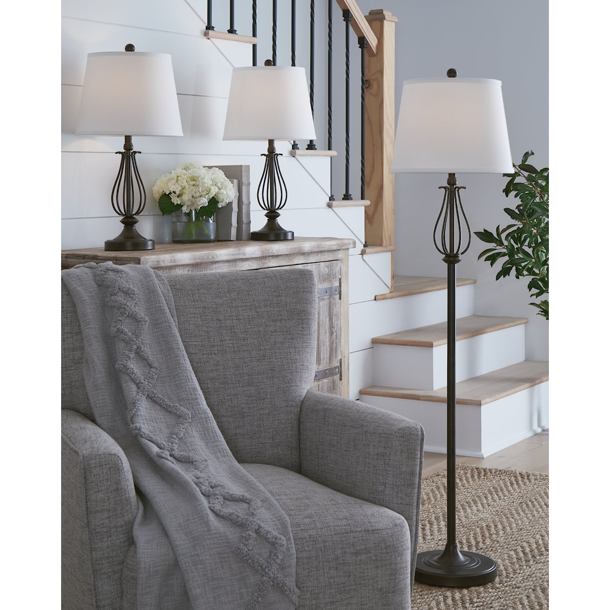 Benchcraft Brycestone Metal Floor Lamp with 2 Table Lamps