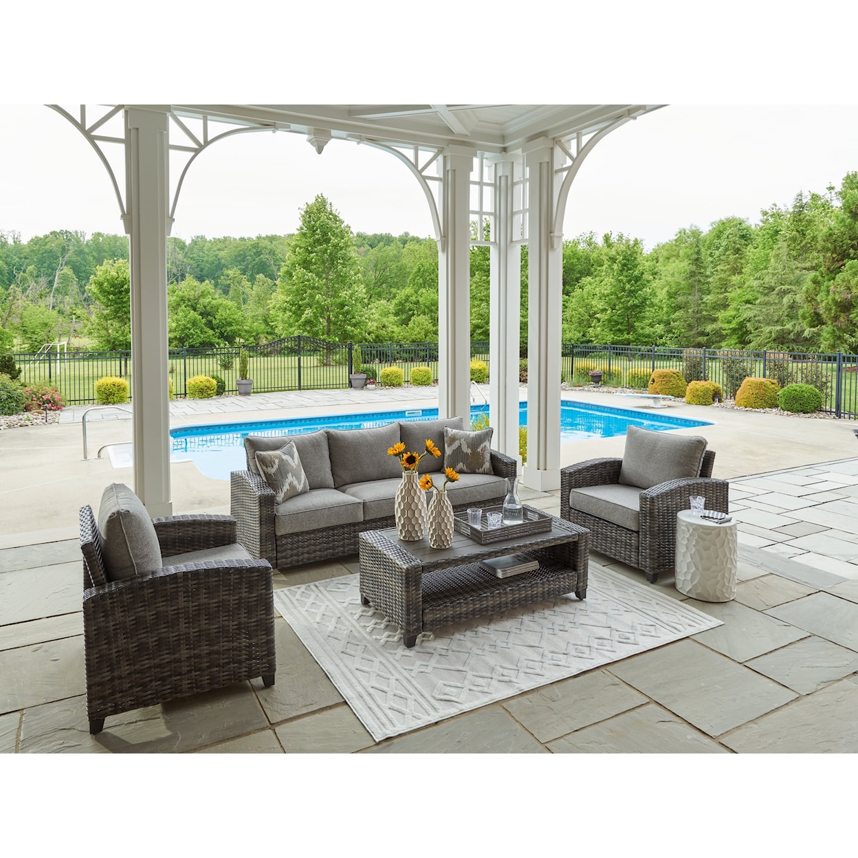 Ashley Furniture Signature Design Oasis Court Outdoor Sofa/Chairs/Table Set (Set of 4)