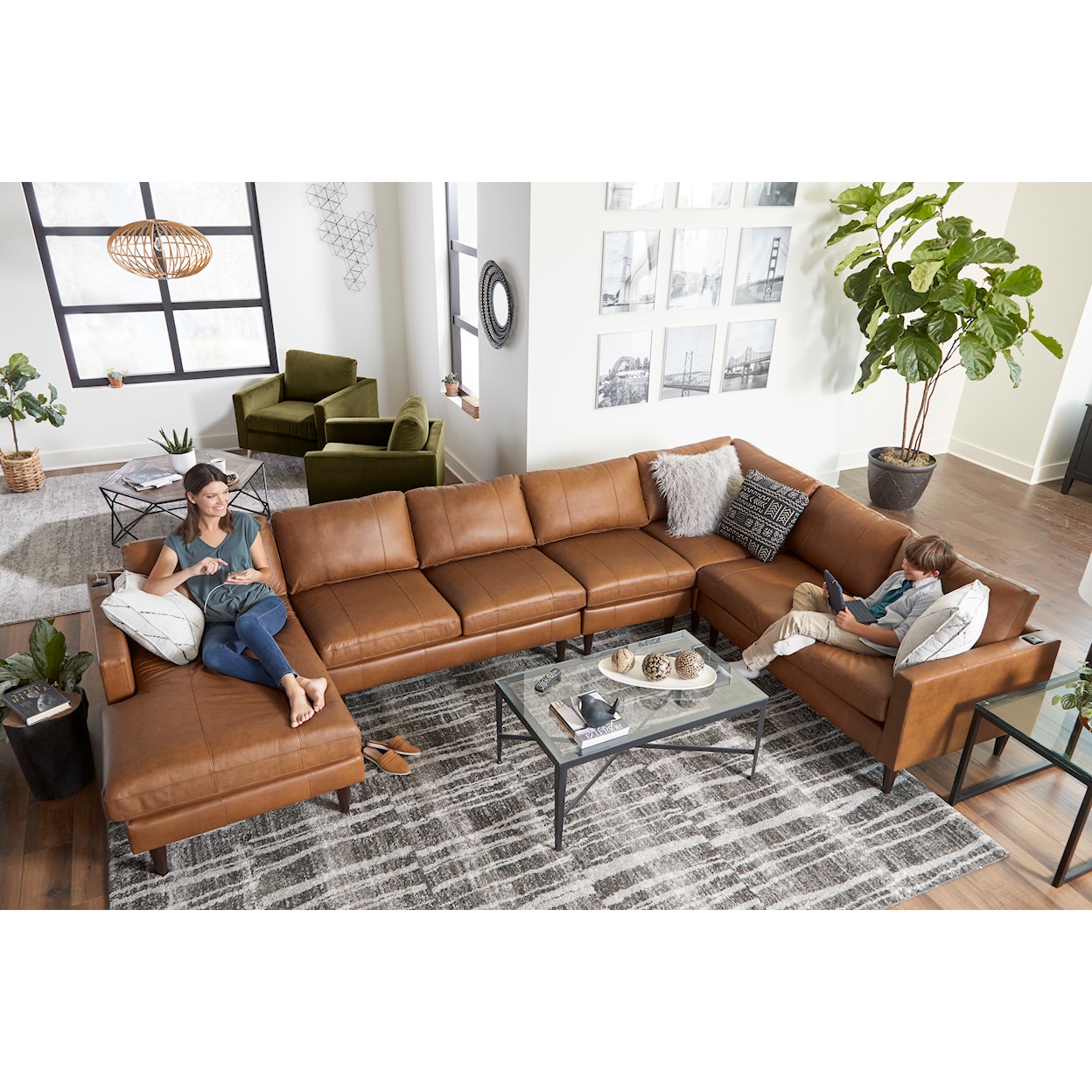 Bravo Furniture Trafton Leather Sectional Sofa w/ Chaise & Wood Feet