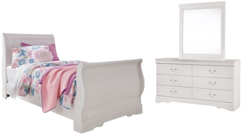 Twin Sleigh Bed, Dresser And Mirror