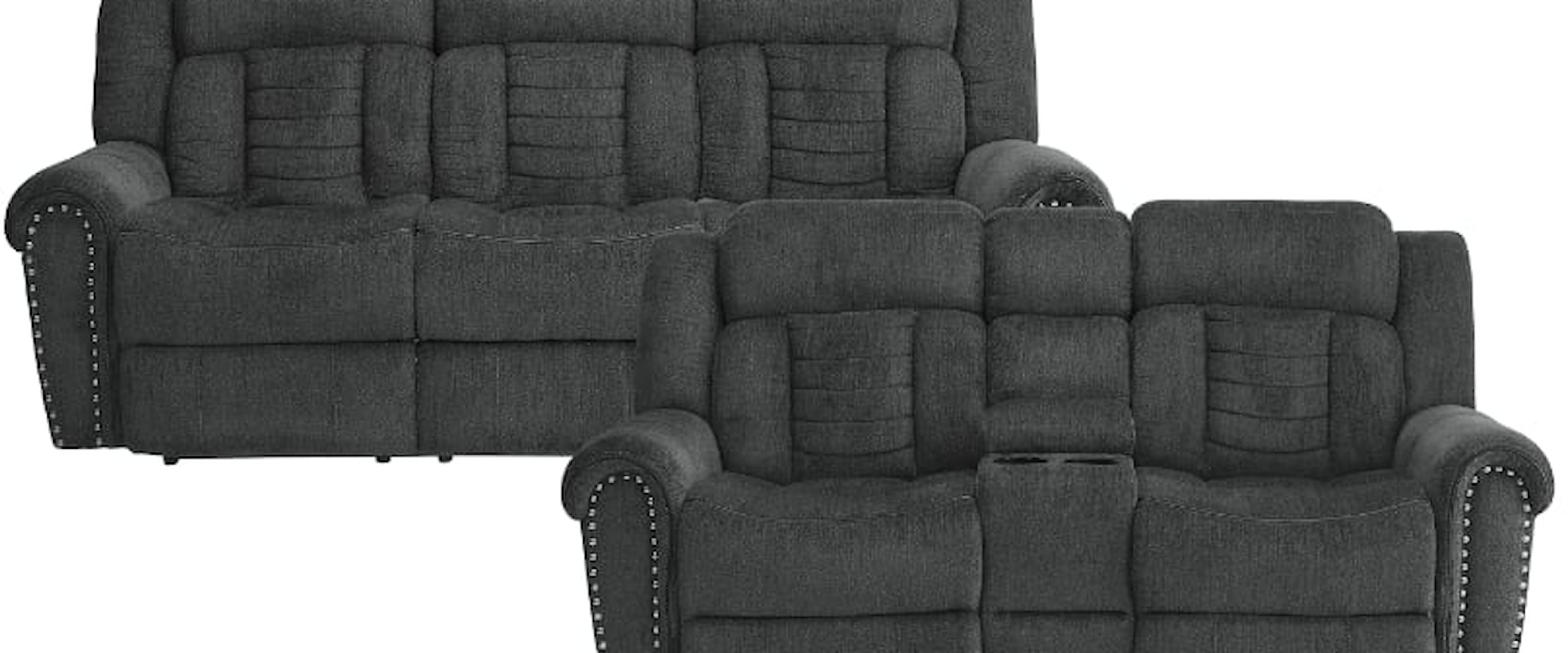 Transitional 2-Piece Reclining Living Room Set with Rolled Arms and Nailheads