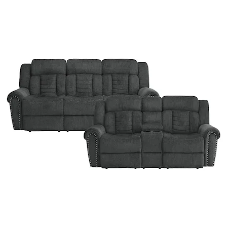 Transitional 2-Piece Reclining Living Room Set with Rolled Arms and Nailheads