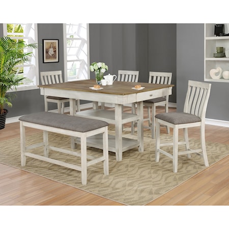 Relaxed Vintage 6-Piece Counter Height Dining Set with Upholstered Bench