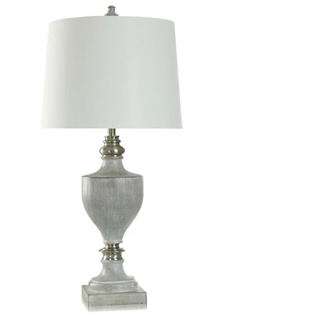 Transitional Grey Table Lamp with Polyresin and Brushed Steel Finish