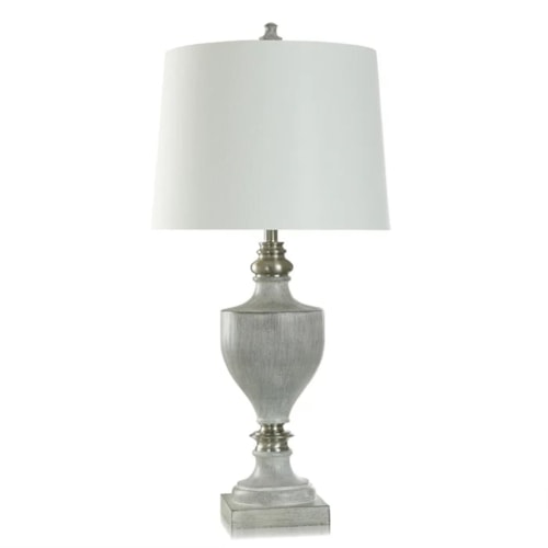 Transitional Grey Table Lamp with Polyresin and Brushed Steel Finish