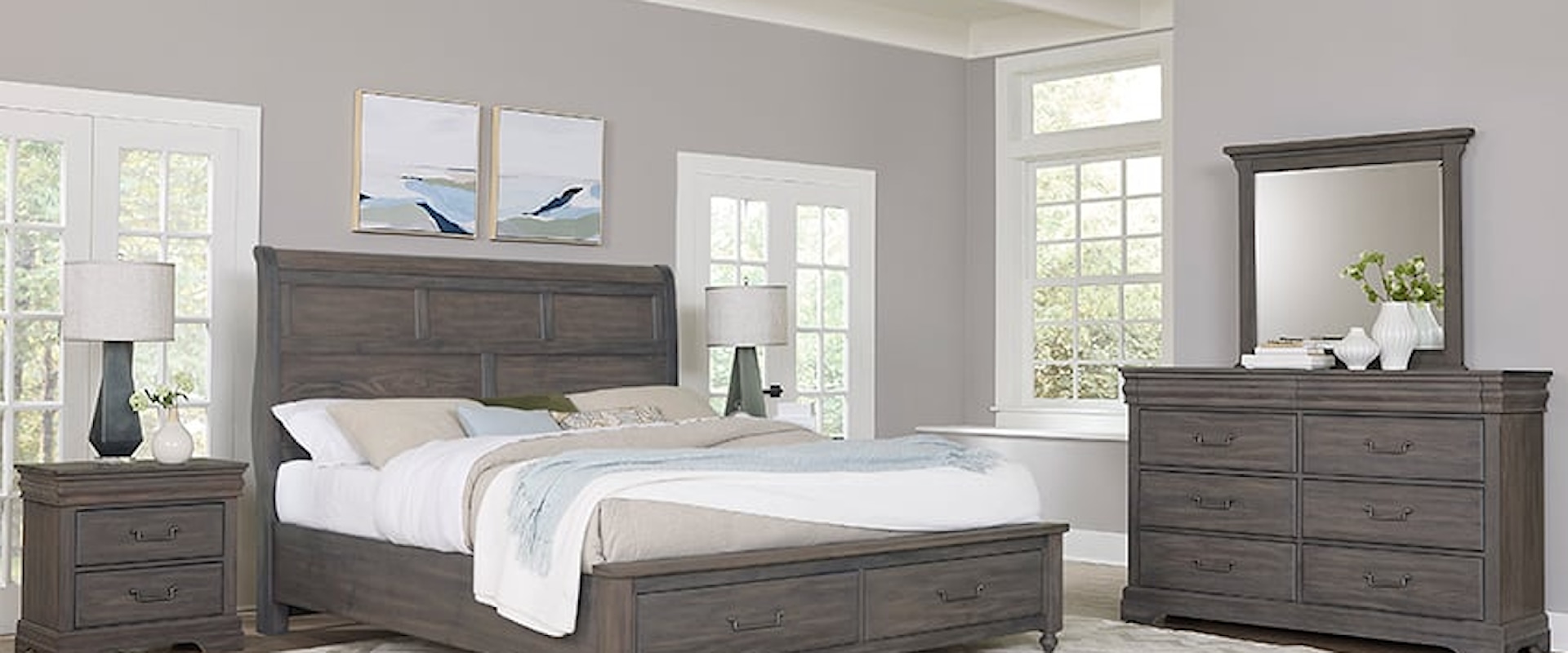 Transitional 5-Piece Queen Sleigh Storage Bedroom Set 