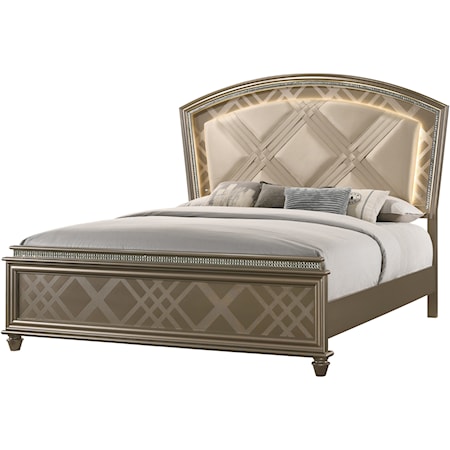 Glam Upholstered King Bed with Faux Crystals