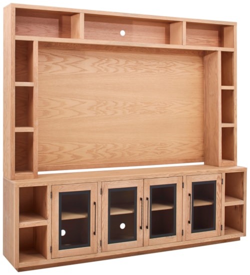 Transitional Entertainment Console and Hutch with Open Shelving and Glass Doors